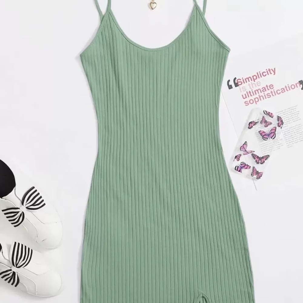 Green Ribbed Sleeveless Dress